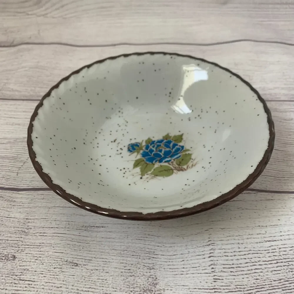 Vintage Japanese Speckled Stoneware Bowl Blue Poppy Peony Floral Scalloped Rim